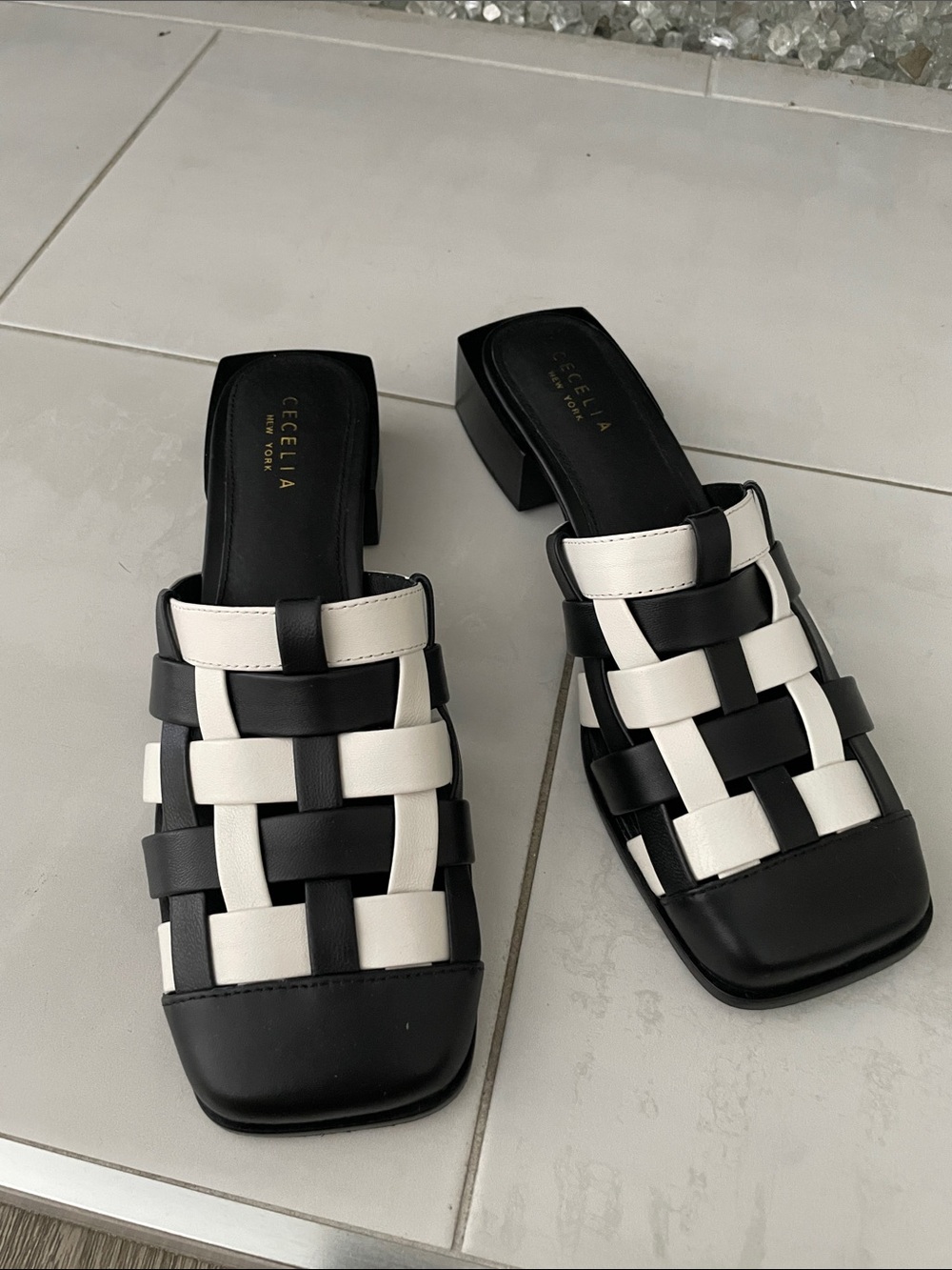 CECELIA NEW YORK Black and White Woven Leather Block Heel Mules